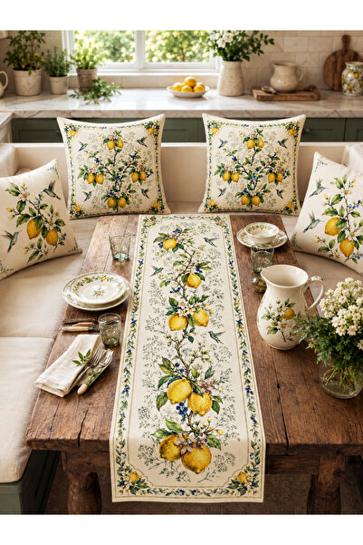 HOMESSA Cream Yellow Lemon Runner and 4-Piece Throw Pillow Cover Set