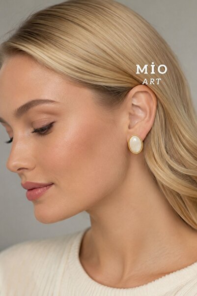 MioArt Gold Krem Incili Düğme Kadın Küpe