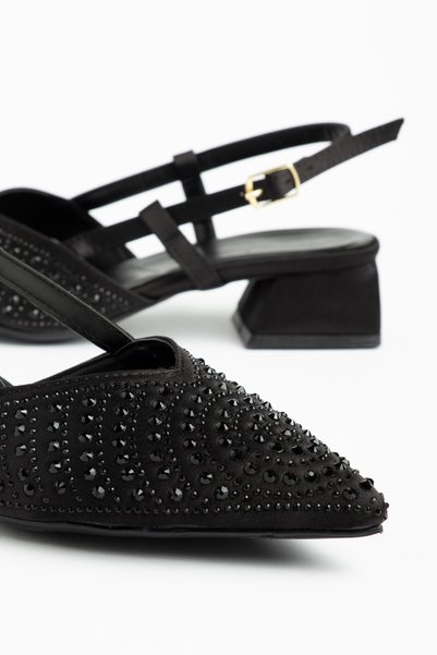 bolmar Women's Black Sequined Stoned Satin Short Classic Heeled Shoes