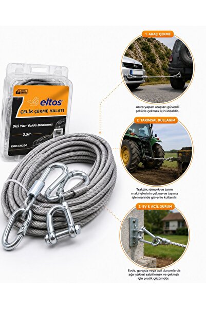 Eltos 3,5 Metre Çelik Çekme Halatı Araç Çekme Halatı Karabinalı Çelik Halat