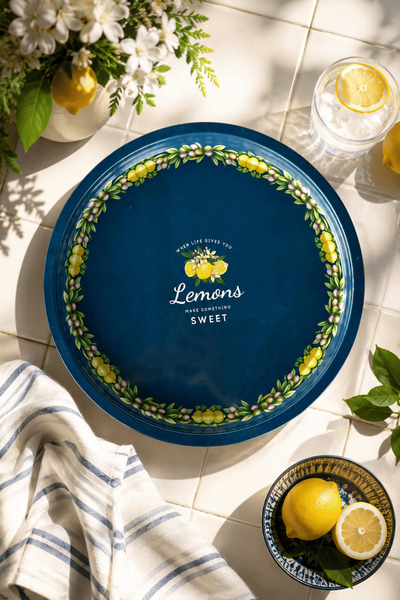 Sarkap Home 34 Cm Lemon Design Lacivert Tepsi