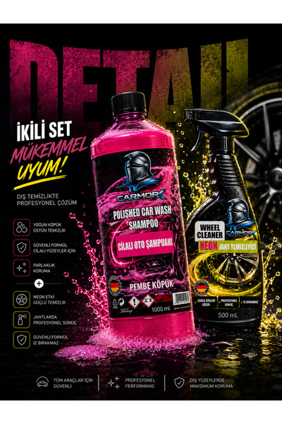 CARMORX Araç Temizlik Seti + Pembe Köpük Şampuan + Neon Jant Detay Temizleyic...