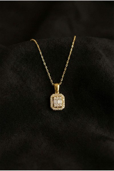 Roza Silver 925 Ayar Zirkon Taşlı Gold Üç Sıra Baget Gümüş Kolye
