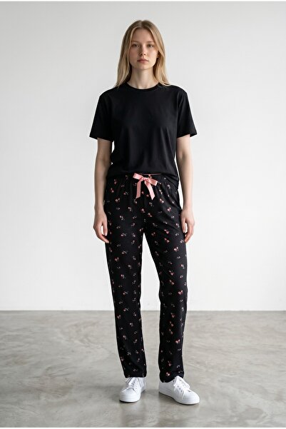 Erse Black Floral Patterned Women's Pajama Bottoms with Pink Ribbon Detail