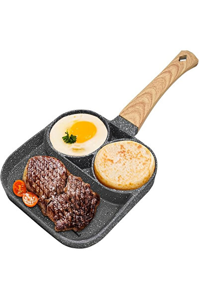 genernic 3-Section Non-Stick Divided Frying Pan, Grey Granite Finish, Wooden ...