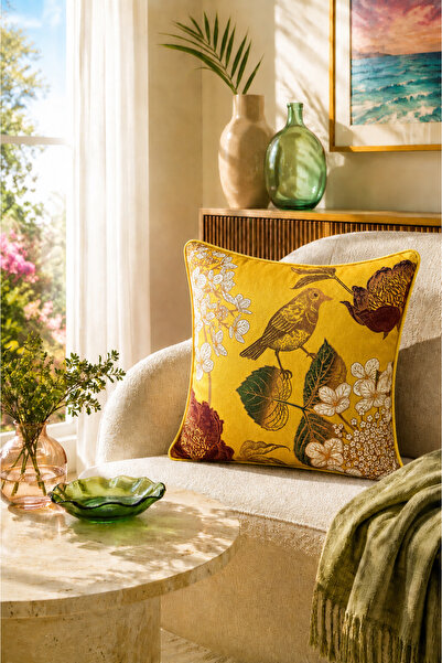 Fabricland Robin-9372 İthal İpek Kadife Sarı Zemin Kırlent Kılıfı 43x43 Ölçü