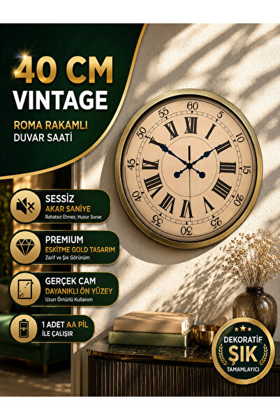 KOLAYEV 40 Cm Vintage Eskitme Gold Roma Rakamlı Duvar Saati Sessiz Mekanizma ...