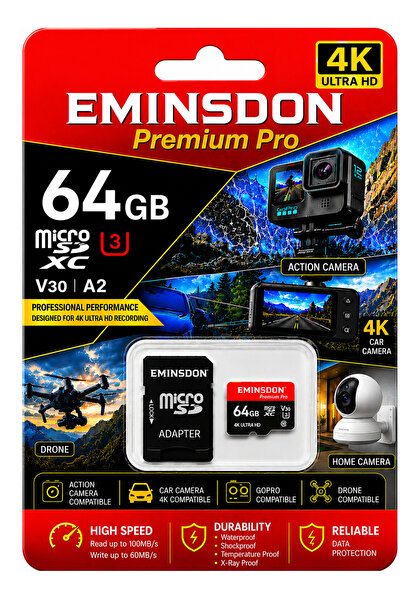EMiNSDON Premium Pro 64GB 4K Araç Drone Ev Aksiyon Güvenlik Kameralarına Uygu...
