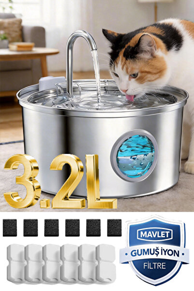 MAVLET 3.2L Paslanmaz Çelik Otomatik Evcil Hayvan Su Sebili + 6 Filtre Seti (...