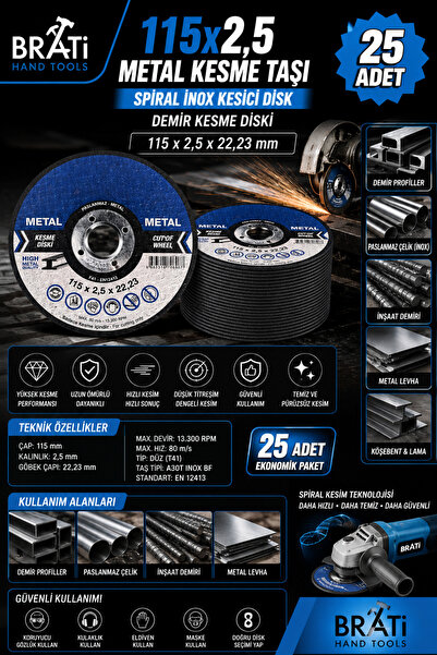 BRATİ HAND TOOLS 115X2,5 Metal Kesme Taşı 25 Adet Spiral İnox Kesici Disk Dem...