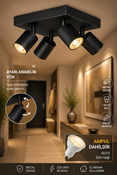 VENON Lorex SİYAH 4LÜ KARE PLAFONYER Modern LED Spot Lamba 💖 GU10 Uyumlu GÜN...