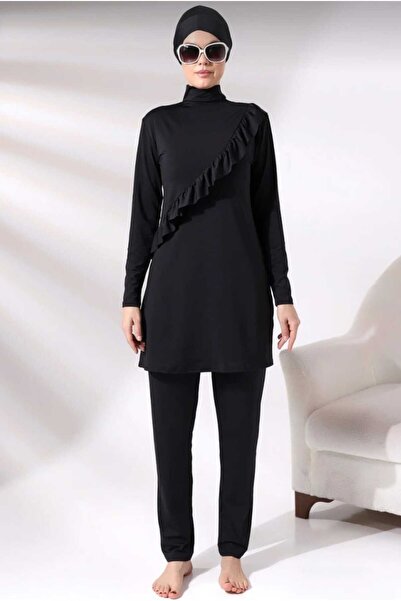 SUERTO Black Long Sleeve Ruffled Knitted Stretchy Pants Hijab Swimsuit Set