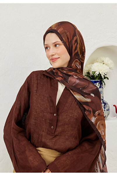 Freshscarfs Dark Garden Desen Rami Şal Tarçın Kabuğu