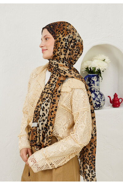 Freshscarfs Leopar Desen Rami Şal Camel