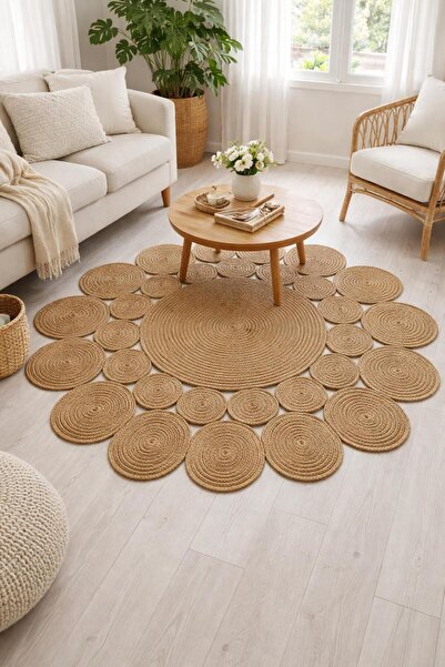jute Wicker Look Patterned Modern Handmade Circle Carpet Rug