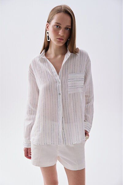 Mudo Women's White Striped Long Sleeve Linen Shirt