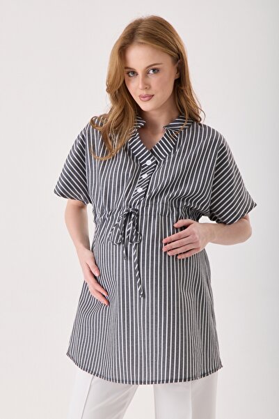 KATLİN MATERNİTY WEAR Bluză neagră din poplin de bumbac, cu model în dungi, c...