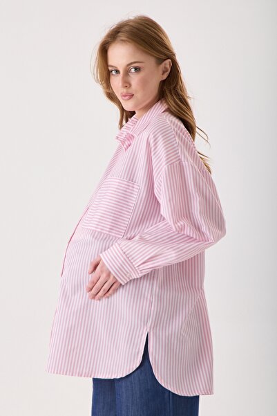 KATLİN MATERNİTY WEAR Hamile Oversize Kalıp Pembe Çizgili Gömlek, Tek cepli D...
