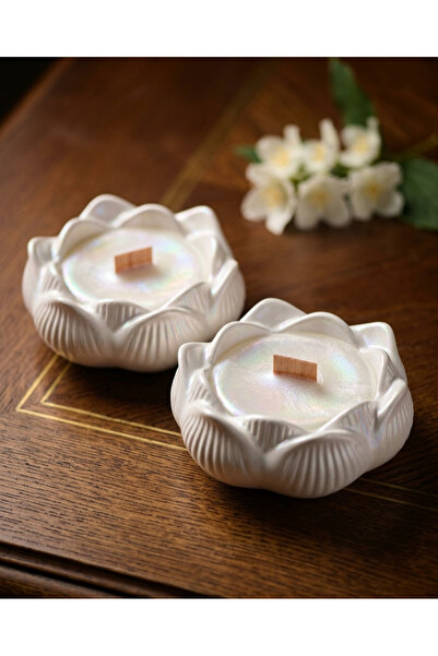 Noure Candle Studio 2'li Lotus Çiçeği Görünümlü Seramik İçinde Yasemin Kokulu...