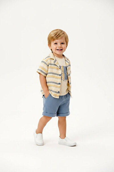 mumbino Baby Boy 3-Piece Striped Shirt, Teddy Bear Printed T-Shirt and Shorts...