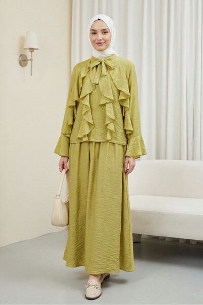 Modamorfo Lined Tulle Modal Set with Tie Collar and Ruffle Detail - Olive Green