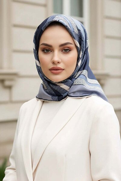 Vissona % 57 İPEK % 43 VİSKON Twill İpek Geometrik Desenli İndigo - Krem Renk...