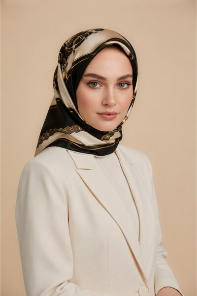 Vissona % 57 İPEK % 43 VİSKON Twill İpek Barok Desenli Siyah - Krem Renkli 90...
