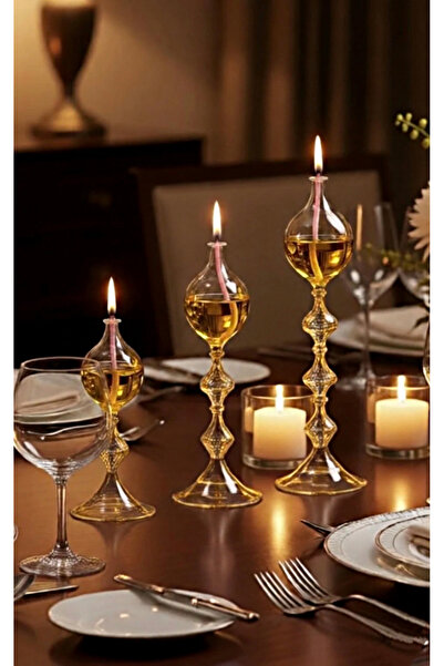 Shabbo Glass Ayaklı Drops Düğmeli Şamdan Cam Kandil 3'lü Set Kandil Yağı Üçlü