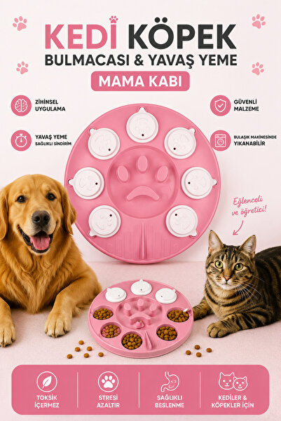 Glipet Kedi Köpek Bulmacası ve Yavaş Yeme Mama kabı Pembe-Beyaz