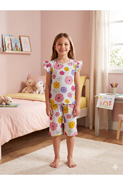 Pijamakids Κοριτσίστικο βαμβακερό γκρι χρώμα με λουλουδάτο σχέδιο κοντομάνικο...