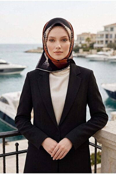 Vissona % 57 İPEK % 43 VİSKON Twill İpek Ekose Desenli Taba - Siyah Renkli 90...