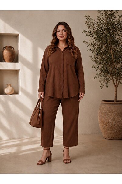 OYERGA MODA Women's Plus Size 100% Cotton Shirt and Pants Two Piece Set