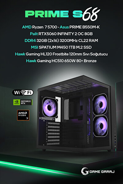 Game Garaj Prime S68 AMD R7 5700 32GB RAM 1TB SSD RTX5060 120mm Sıvı Soğt Fre...