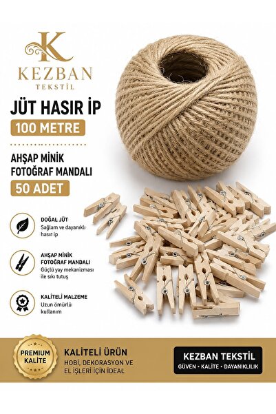 Kezban Tekstil Naturel Jüt Ip 100 Metre Ve 50 Adet Ahşap Mini Fotoğraf Mandal...