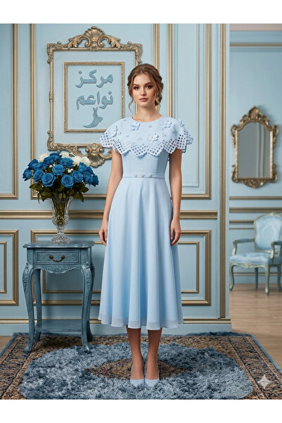 NAWAEIM فستان سهرة باربي ميدي كلوش أنيق بقصة كيب وتطريز ورد بارز للمناسبات وا...