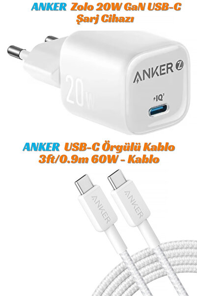 Anker Zolo 20W GaN USB-C Şarj Cihazı, PowerLine USB-C to USB-C Örgülü Kablo 3...