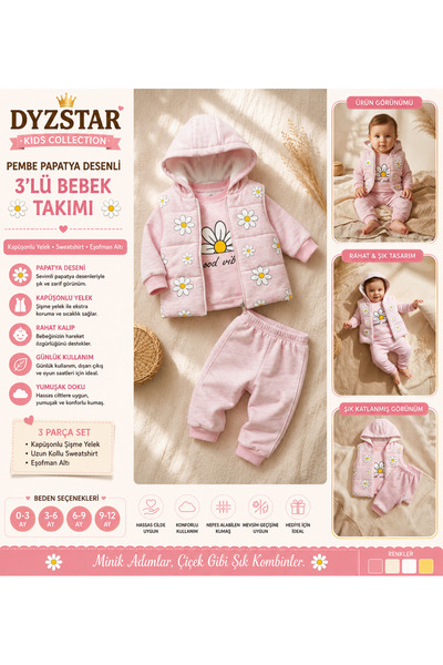DYZSTAR Kız Bebek Pembe Papatya Desenli 3 lü Takım - Kapüşonlu Şişme Yelek, S...