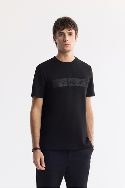 Avva Tricou negru pentru bărbați, cu decolteu rotund, imprimat, bi-stretch, i...