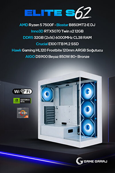 Game Garaj Elite S62 AMD R5 7500F 32GB RAM 1TB SSD RTX5070 120mm Sıvı Soğt Fr...