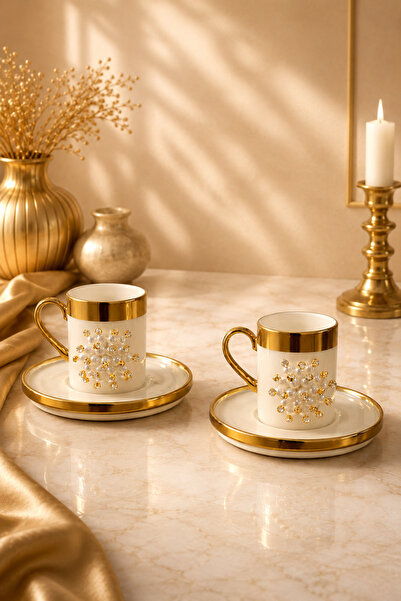 YzHome 2 Li Gold Yaldızlı Porselen İnci Kahve Fincan Takımı 100ml