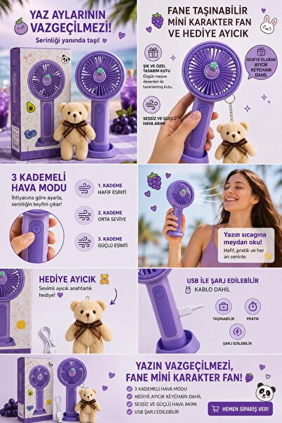 FANE Taşınabilir Mini Fan – Peluş Ayıcık Hediyeli –Telefon Standlı Masaüstü Fan