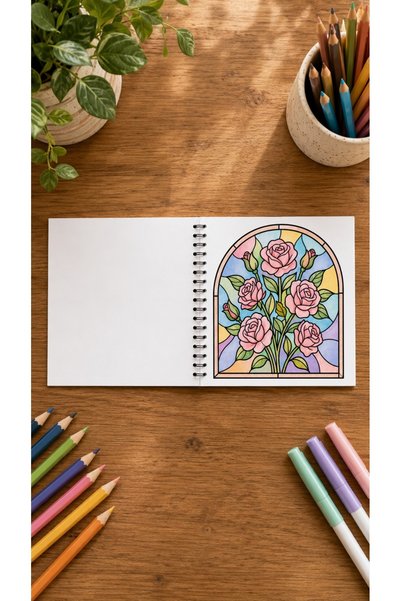 Pink Swan Craft Stained Glass Vitray Flower Garden 20X20 cm Large Coloring Book, for Children and Adults
