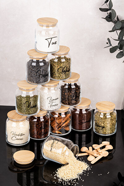 Dolkin Home 12-Piece Bamboo Vacuum Lid Luxury Glass Spice Jar Set with Spoon and Transparent Labels, 300 ml