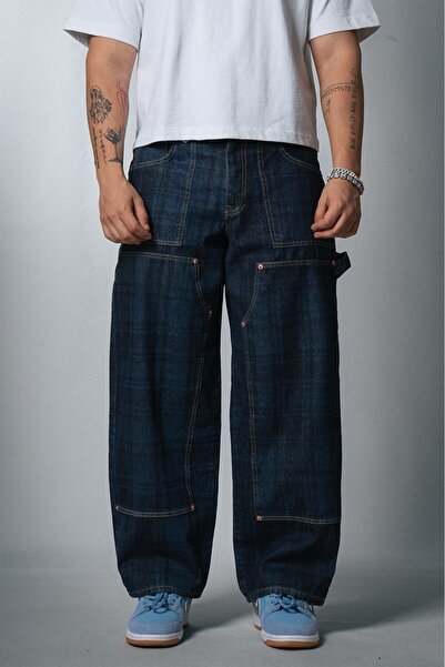 GRJ denim Indigo karirane traperice širokih nogavica, super široke muške farm...