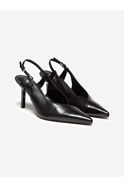 Sisley Genuine Suede Detailed Pointed Toe Open Back Heeled Sandals Women's Bl...