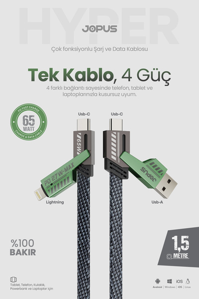 Jopus 4in1 65W PD Hızlı Şarj Kablosu iPhone Android Uyumlu Type C Lightning K...