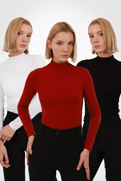 Yade Fashion Kadın Uzun Kollu Balıkçı Yaka Body 3’lü Set – Beyaz Kırmızı Siyah