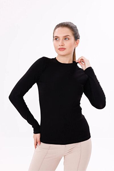 Yade Fashion Kadın Uzun Kollu Body Bisiklet Yaka - Siyah