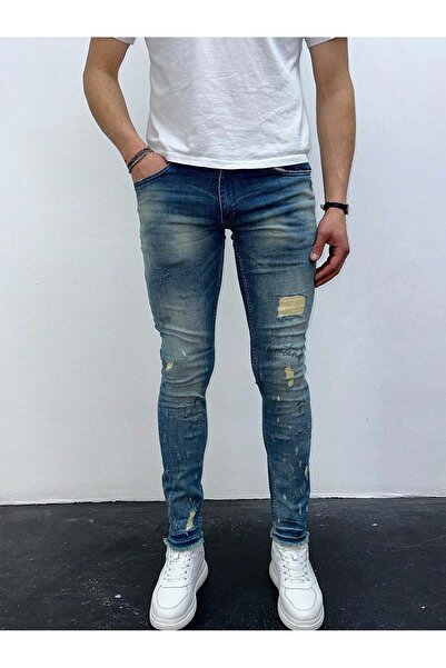 HerTon Men's Light Blue Frayed Detail Slim Fit Lycra Skinny Jean Trousers
