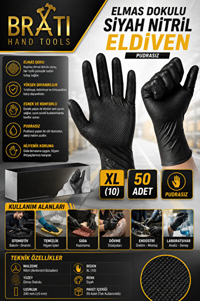 BRATİ HAND TOOLS Diamond Textured Black Nitrile Gloves XL (10) Powder Free 50...